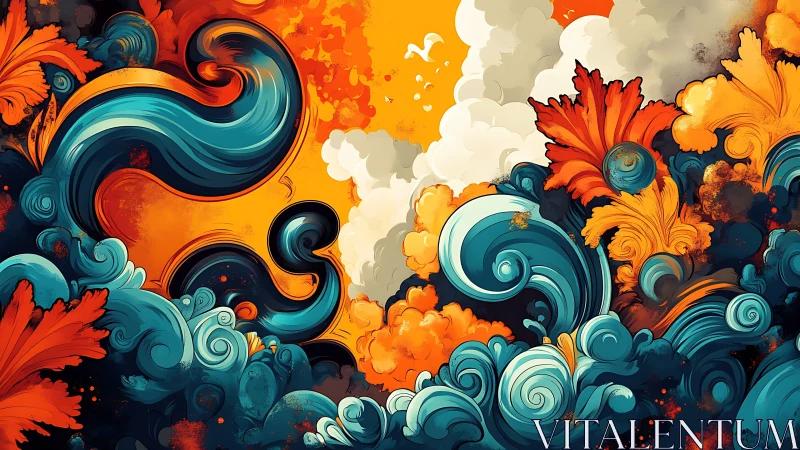 Contrasting swirling forms intersect with cloudlike shapes