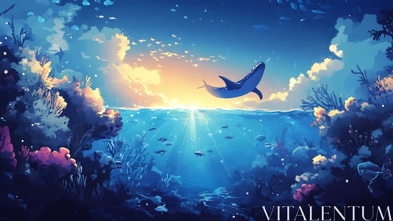 Whale shark swims above coral reef under bright sunset light