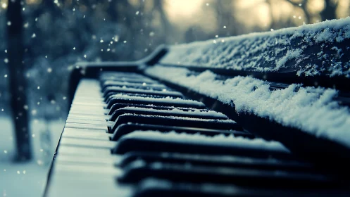 Snow-covered piano keys in shallow focus winter landscape.