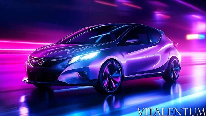 Neon-lit electric hatchback concept in dynamic motion render.
