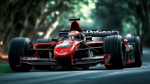 Red Formula One car slices through shaded forest circuit.