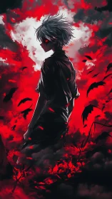 Silver‑haired antihero stands in blood‑red storm of crows.