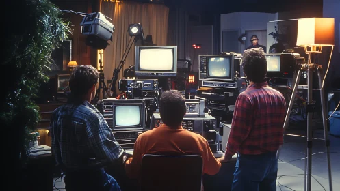 Three technicians monitor multiple retro video workstations