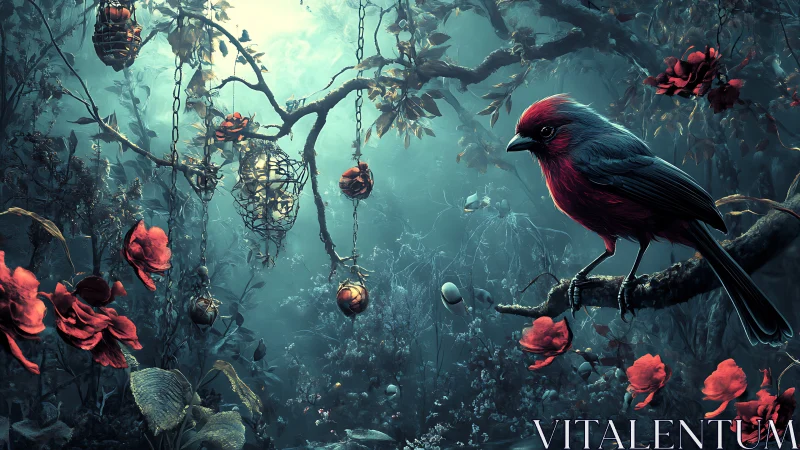 Midnight songbird in a dreamlit forest of red blooms.