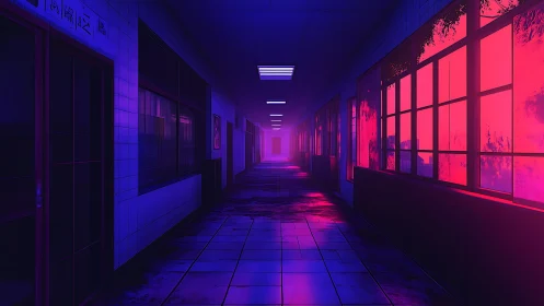 Neon dusk haunts a deserted school corridor in violet glare.