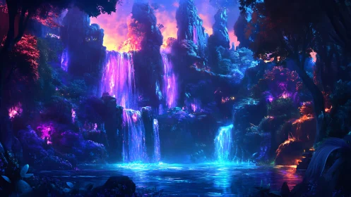 Luminescent waterfalls in dense forested canyon at dusk.