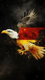Flag-forged eagle streaks through cosmic ash and embers