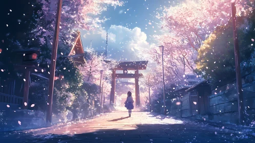 Spring shrine avenue under drifting cherry blossoms at dusk.