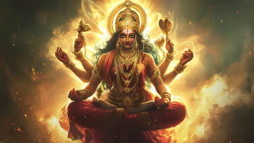 Multi-armed goddess figure in radiant digital composition.