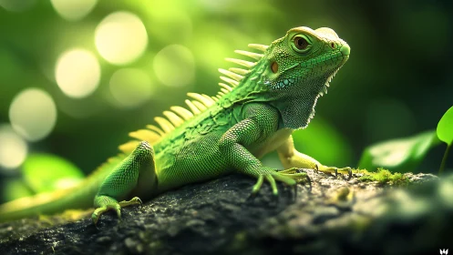 Green iguana on forest log with defocused foliage bokeh.