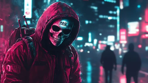 Hooded skull mask figure walks through neon city street