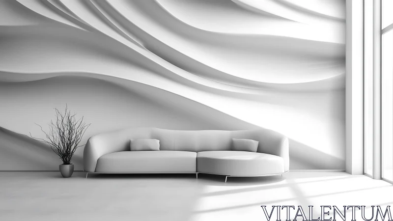 Minimalist white lounge with sculpted wave wall relief.