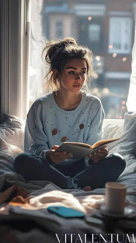 Cozy morning reader in soft window light on bed scene.