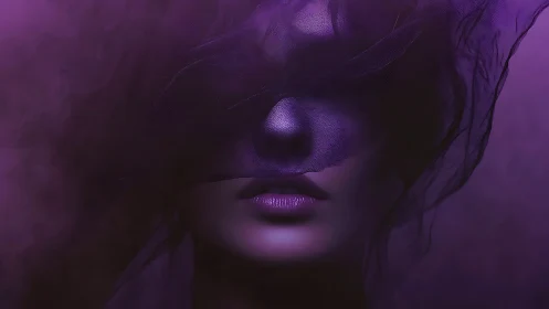Veiled purple portrait hides eyes in shadowed mystery.