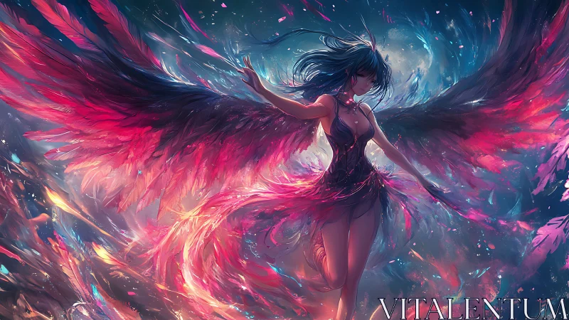 Winged female figure spreads glowing red and purple feathers