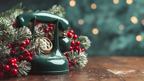 Vintage green rotary phone framed by festive evergreens.