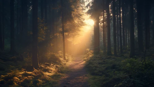 Sunlit forest path with morning mist and warm golden rays.