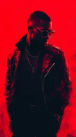 Crimson Neon Swagger: Shadowed Icon in Leather Glow.