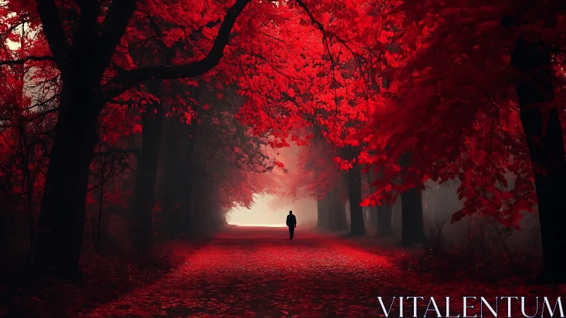 Solitary figure walks through a crimson autumn forest dream