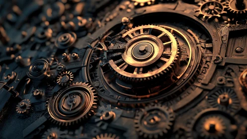 Steampunk clockwork engine with glowing copper cogs.