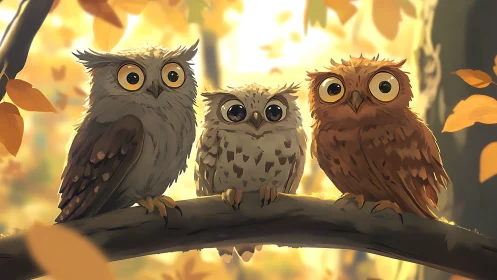 Three adorable cartoon owls on a branch in a warm autumn forest.