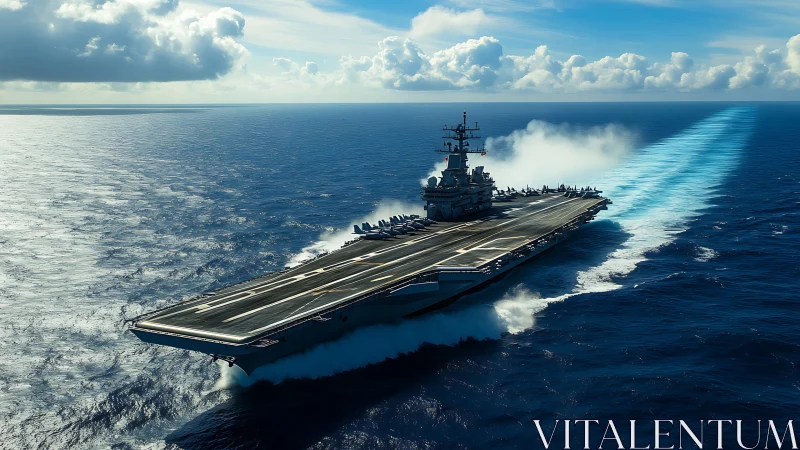 Photorealistic aircraft carrier advancing across open ocean perspective.
