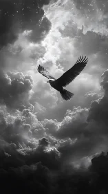 Monochrome raptor gliding through volumetric storm cloud aperture.