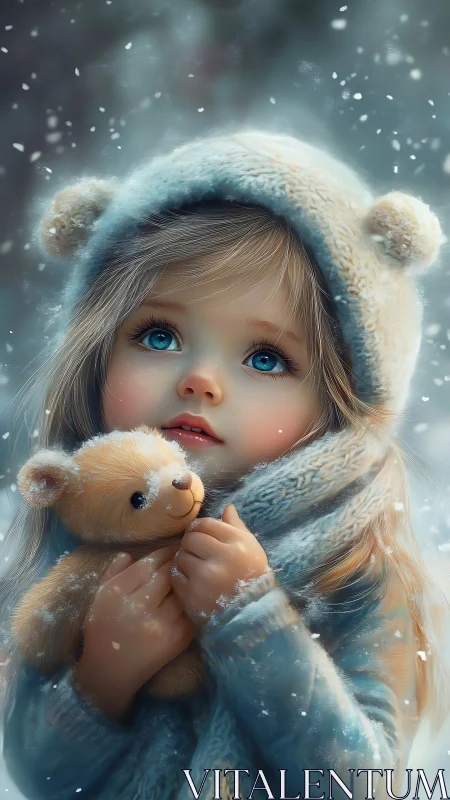 Snow-soft daydream girl clutching a loyal teddy bear friend.