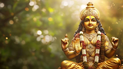 Golden deity rests in sunlit bokeh grove of gentle light