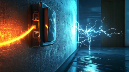 Electric surge arcs from glowing cable across neon hallway.