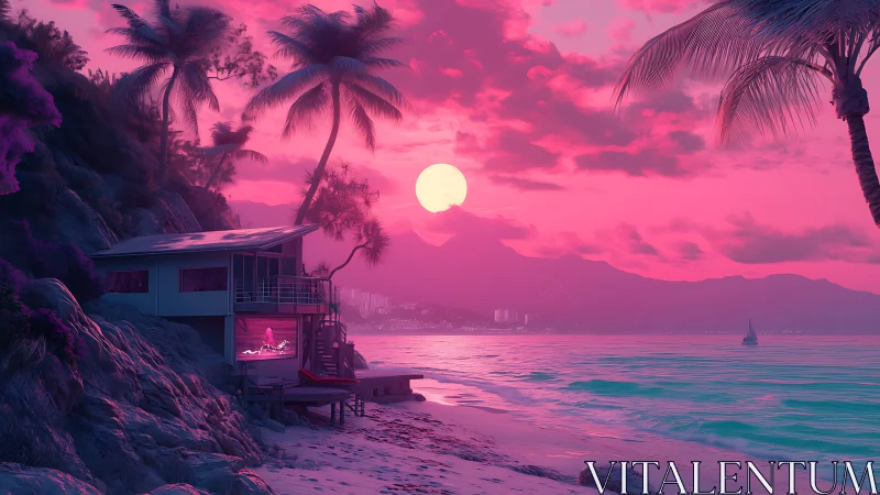 Neon sunset villa above magenta tropical shoreline dreamscape.