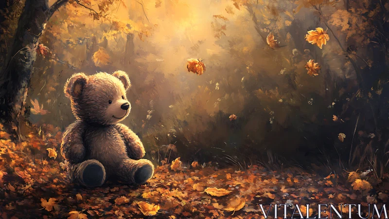 Stuffed bear in forest clearing with autumn foliage.