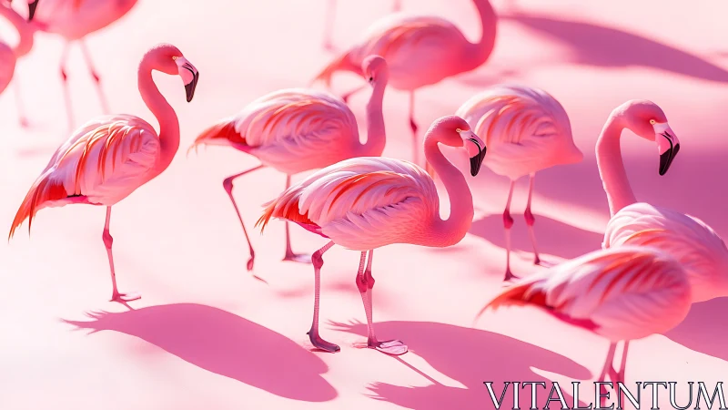 Pink flamingo flock on minimal monochrome ground.