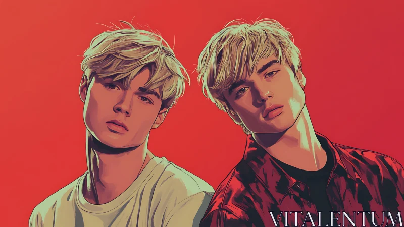 Digital portrait of two blond youths on vivid red field.