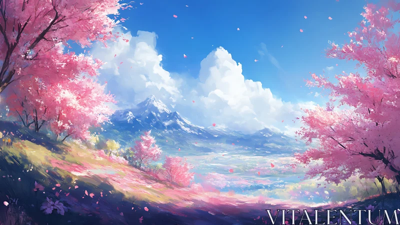 Cherry blossom valley frames sunlit snowcapped mountains.
