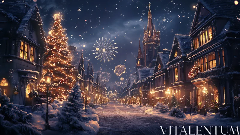 Snowlit village boulevard wrapped in festive starlight.