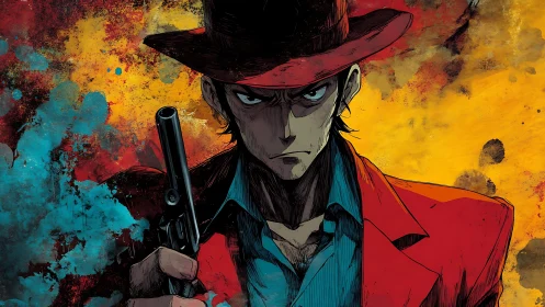 Smoldering gunslinger in bold colors and quiet tension.