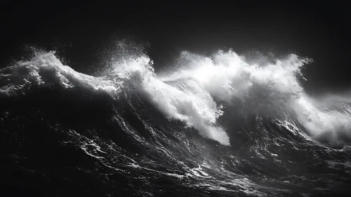 Storm waves crash in dramatic monochrome seascape power