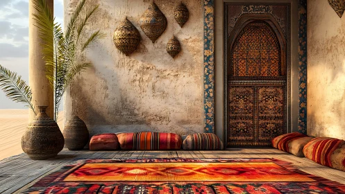 Desert terrace with ornate door and colorful floor cushions.
