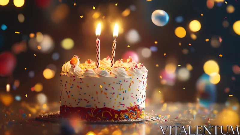 Birthday Cake with Candles Shining in Golden Light.