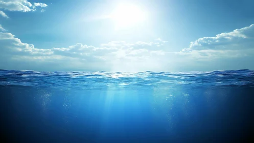 Sunlit ocean surface divides bright sky and deep blue water.