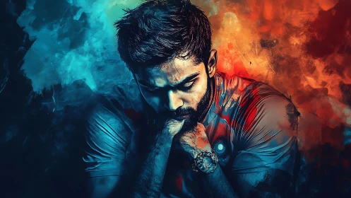 Brooding male portrait amid blue and orange energy storm.