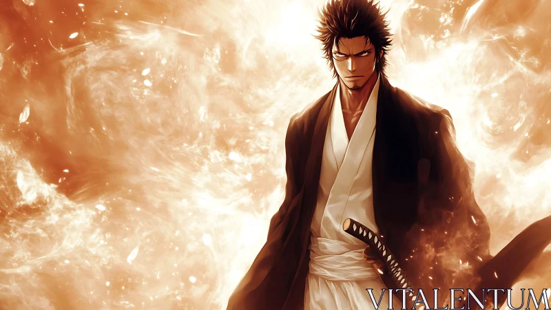Sword-wielding anime warrior in flowing fiery background.