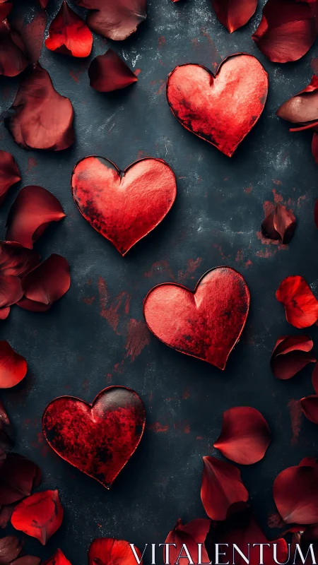Red Heart Forms on Dark Surface with Rose Petals.