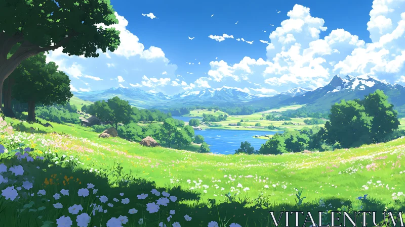 Lakeside meadow stretches toward distant snowcapped mountains.