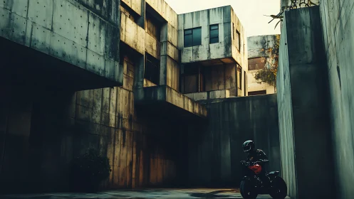 Motorcyclist in brutalist courtyard under moody sunset light.