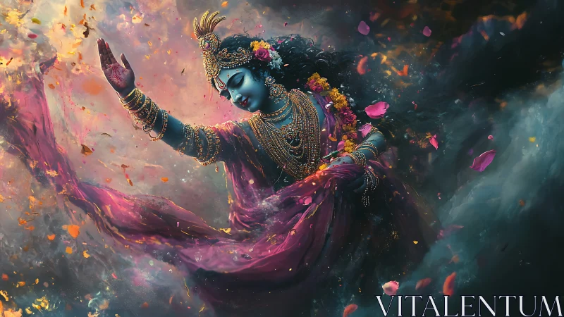 Divine blue-skinned dancer in swirling cosmic petals moves