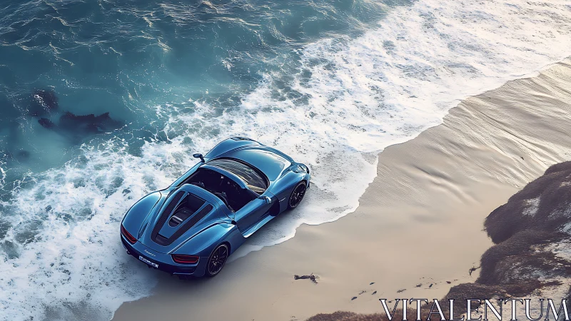 Blue sports car sits on wet sandy shoreline beside surf