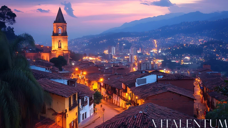 Warm hillside town glowing gently under a soft twilight sky.