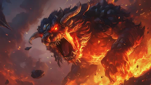 Infernal horned beast erupts from molten battlefield